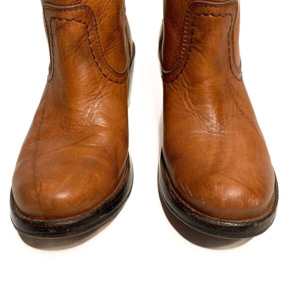 Frye Carmen Cross X Stitch Cognac Brown Leather Pull On Ankle Short Boots 6 - Picture 3 of 9